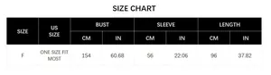 Detailed size chart for women's knit shawl showing bust, sleeve, and length in cm and inches