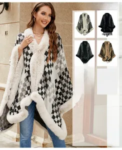 Detail view of thickened knit ponchos with faux fur collar in five autumn colors