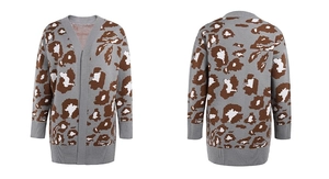 Detailed front and back views of long leopard print knit cardigan with ribbed cuffs