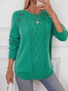 Vintage emerald green cable-knit sweater with decorative buttons and ribbed trim details