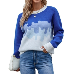 Women's crewneck knit sweater with blue and white liquid gradient pattern design