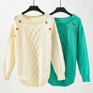 Detail of cable knit pattern and shoulder buttons on solid crewneck sweaters