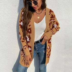 Women Leopard Print Mid-Length Knit Cardigan V-Neck Long Sleeve Loose Open Front Sweater Coat Casual Autumn Clothing
