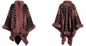 Front and back view of thick pink knit poncho with black checkered pattern and faux fur trim