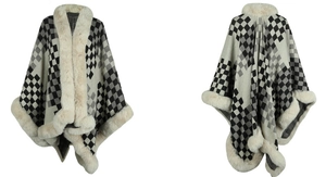 Detail of checkered knit shawl showing thick faux fur collar and warm woven texture