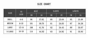 Detailed size chart for long cable knit cardigan sweater with bust and length measurements