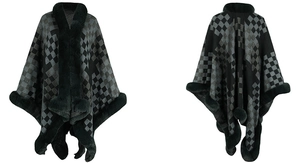 Detail view of plaid knit poncho with green faux fur trim showing both front and back sides
