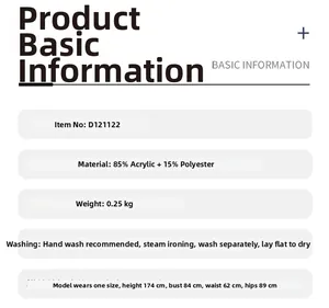 Size chart and fabric details for striped cape with 85% acrylic and 15% polyester fabric