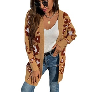 Long-sleeve leopard print knit cardigan for women with open front and mid-length style