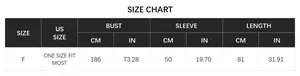 Detailed size chart for the striped poncho with bust and length measurements in cm and inches