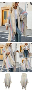 Détail du poncho en tricot à capuche avec rayures et bordure en fausse fourrure douce
