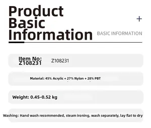 Size chart and fabric details for Z108231 knit cardigan with washing instructions