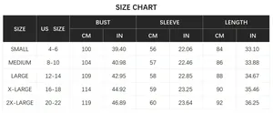 Size chart for knit cardigan with US sizes from S to 2XL and metric measurements