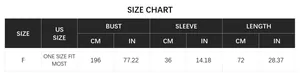 Detailed size chart for oversized tassel poncho showing bust and length measurements