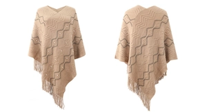 Detail of camel wave-knit poncho featuring elegant white pearl beads and long fringe hem