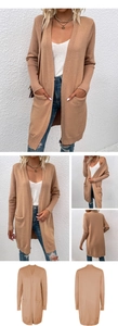 Detail of a women long knit cardigan with ribbed cuffs and large front pockets