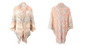 Detailed knit texture and long fringe hem of bohemian striped shawl cape for women