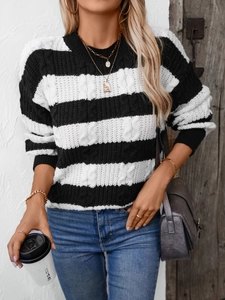 Pull Femme Rétro Rayé en Tricot Torsadé Col Rond Ample Décontracté Manches Longues Chaud Haut en Maille Polyester
