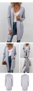 Detail of light grey knit cardigan showing soft fabric texture and large side pockets