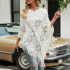 Women's Knitted Poncho Shawl With Tassels And Artificial Pearl Accents Casual Loose Geometric Pattern Cape Outerwear For Women