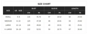 Size chart for women's knit sweater showing bust, sleeve and length in cm and inches