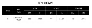 Size chart showing bust and sleeve measurements for the tassel knit poncho jacket