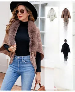 Detail of knit poncho featuring faux fur collar and tassels in six elegant color options