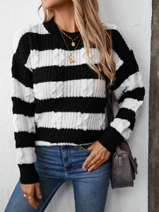Pull rayé noir et blanc en maille torsadée pour femme avec col rond décontracté