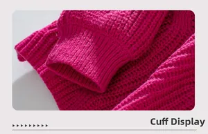 Detailed close-up of ribbed knit cuffs on a loose-fit magenta pullover sweater