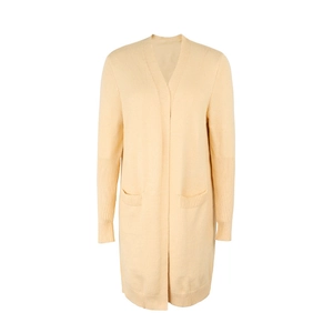 Women's long knit cardigan sweater with pockets and V-neck in cream beige solid color