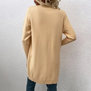 Back view of women's long sleeve beige knit cardigan sweater with ribbed cuffs and hem