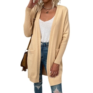 Women's apricot long knit cardigan with pockets and casual open front ribbed sleeves