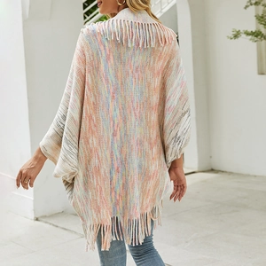 Women's colorful knitted poncho cape with fringe tassels and rainbow mixed yarn textures