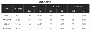 Detailed size chart for cable knit sweater featuring bust and length in CM and IN