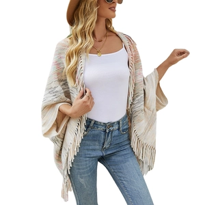 Women's multi-color striped knit poncho cardigan with long fringe hem and loose fit