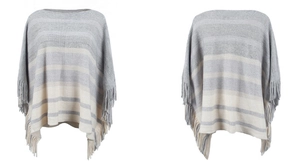 Detailed front and back views of gray and beige striped knit poncho with fringe