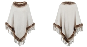 Detail of cream knit poncho featuring brown faux fur trim and long tassel hemline