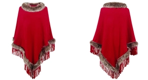 Detail view showing red knitted poncho with thick brown faux fur collar and fringe hem