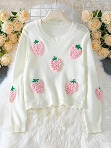 Elegant white knit sweater for women featuring 3D pink crochet strawberry appliques
