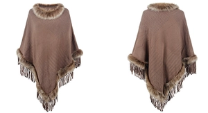 Detail of knitted poncho featuring faux fur collar and long tassels in dark brown