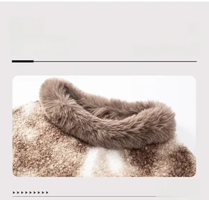 Close-up detail of plush faux fur collar featuring a vintage leopard print pattern