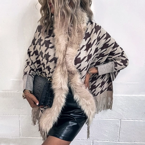Poncho da Donna Pied de Poule con Collo in Pelliccia Sintetica Nappe Mantella Invernale a Maglia Scialle Caldo