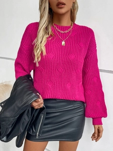 Women's rose pink chunky knit sweater with textured weave and ribbed cuffs