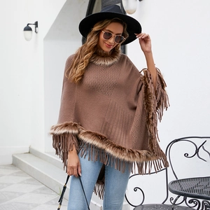 Women's Knitted Poncho Cloak With Faux Fur Collar And Tassels Warm Winter Solid Color Pullover Wrap Shawl Outerwear