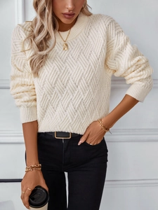 Ivory cable knit sweater for women with textured basket weave and classic round neck