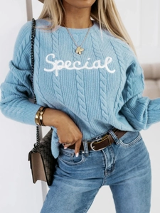 Suéter de Punto de Ocho Casual para Mujer Mezcla de Viscosa Cuello Redondo Manga Larga con Bordado de Letras Special Invierno