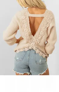Macro detail of elegant backless knit sweater featuring lace trim and deep V-cut design