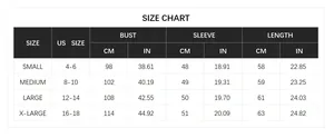 Size chart for backless knit sweater with bust, sleeve, and length in cm and inches