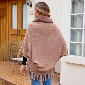Deep camel knitted poncho cape with elegant faux fur collar and fringe tassels