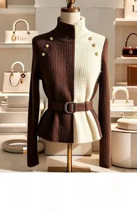 Detail of color-block knit sweater with high neck, gold buttons and leather waist belt